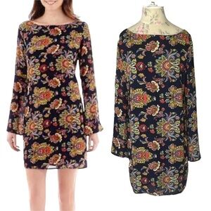 Renn Paisley shift dress with Bell sleeves, Mini, Blue, BOHO, Size Large